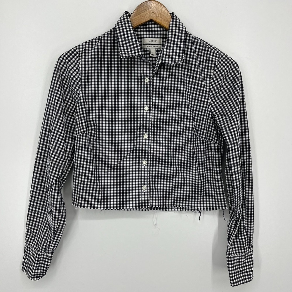 J.Crew Stretch Perfect Gingham Cropped Raw Hem Button Down Shirt Black White XS